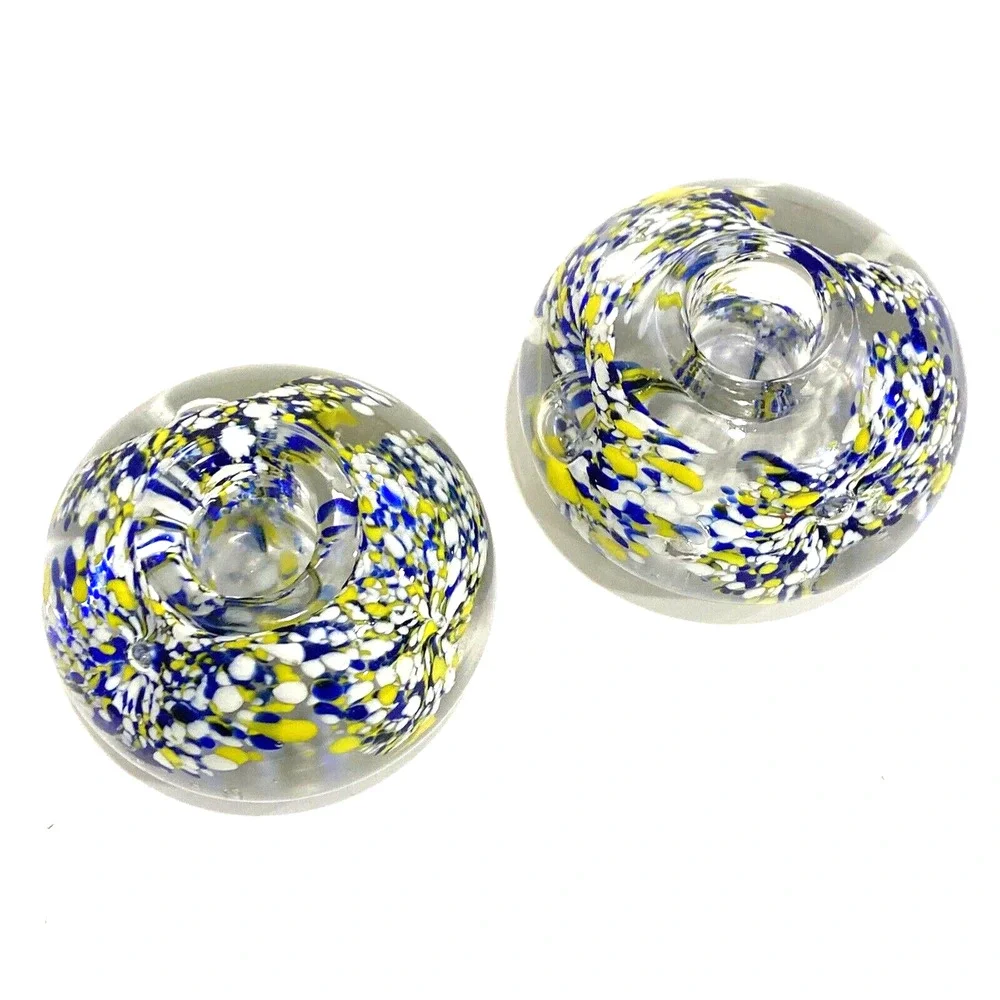 Vintage art glass candle holders pair (2) royal blue yellow white flower bubble